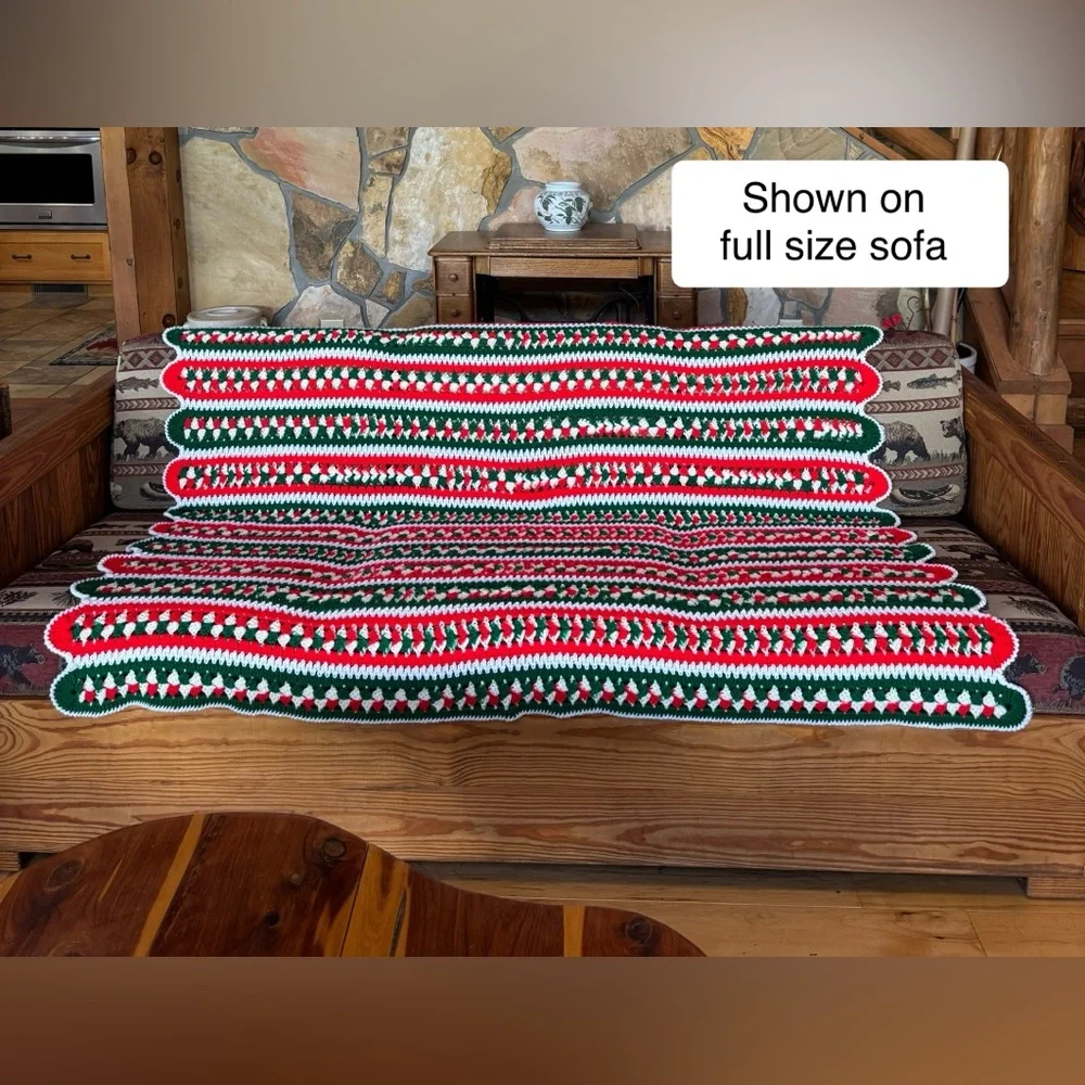 Hand-Crocheted Holiday Scalloped Edge Afghan Blanket Throw (62” x 54”)
